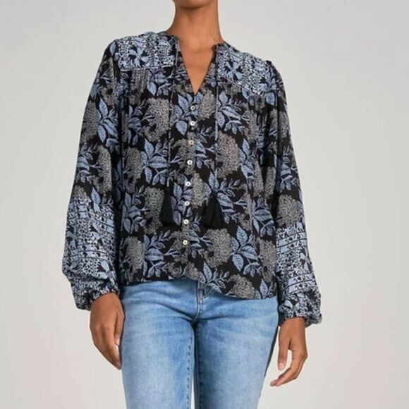 Elan Blue Floral Print V-Neck Button Up Tassel Blouse Top - Picture 1 of 7